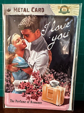 Ich liebe dich Postkarte Parfum Grußkarte Metall Nostalgie Kunst 10x14cm geprägt