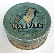 Alte Blechdose RAZVITE Rasiercreme 200 gr, Ø 8,5 cm, Frankreich 30er J., selten!