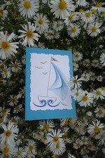 Grußkarte mit Fadengrafik Segelboot II, nicht nur für Segler schön ! Handarbeit