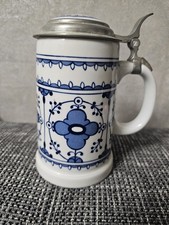 Bierkrug Fine China Lichte Echt Kobalt Zinndeckel Porzellan Krug Strohblume Blau