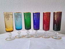 6 Sektgläser Muranoglas mit Goldrand Ranken Weinrebe Bunt 60er Retro Römerglas