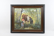 Q36M26- Gemälde kleine Hirtin mit Kuh und Kalb an Wasserstelle sign. A. Metzner 