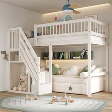 Hochbett 90x200 aus massiv kiefer Kinderbett Stockbett mit Treppe & Ablage, Weiß
