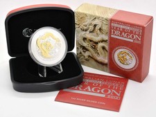 1 OZ 999 Silber Lunar II 2012 Drache Gilded Goldapplikation in Box und CoA