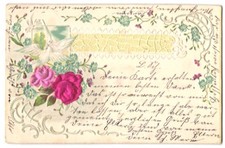 Stoff-Präge-AK Weiße Tauben und Rosen aus echtem Stoff 1901 