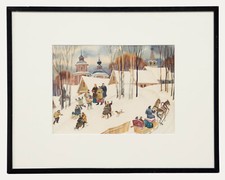 Aquarell Der Russischen Schule Aus Der Mitte Des 20. Jahrhunderts - Schlitten...