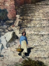 ALTES ÖLGEMÄLDE FRAU VOR DORF KULISSE LANDSCHAFT NICHT SIGNIERT