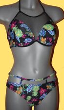 Stylischer BÜGEL-BIKINI schwarz-multi NETZ + CUT-OUT GR.36 38 40 42 46 CUP D NEU