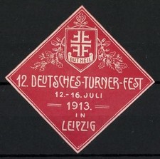 Präge-Reklamemarke Leipzig, 12. Deutsches Turner-Fest 1913, Wappen Gut Heil 