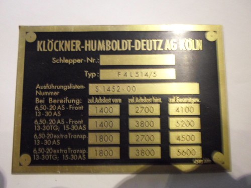 Typenschild klöckner deutz - typenschild, f