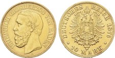 10 Mark Gold 1876 G, Friedrich Grosherzog von Baden  Kaisergold Originalmünze