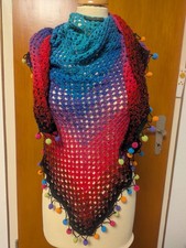 Schal, Schultertuch,Dreiecktuch,Stola, Handmade, Mehrfarbig, Hobby Wolle,Bommel