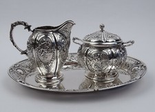 Tablett Zuckerdose Sahnegiesser 800 Silber Rokoko Stil Engel Putti Rosen 