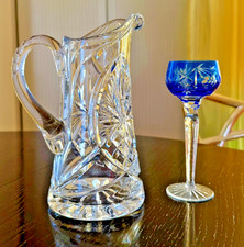 Glas Krug Kristall Karaffe Vase,Tiefschliff H=26,8 cm + Likörglas Kristall blau
