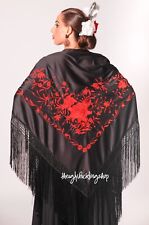 Manton negro grande flamenca 2 metros x 95 cms sevillanas bordado flores rojas
