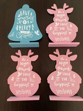 4x Weihnachtsdekoration, Holz bemalt, Form: Elch und Glocke, Tischdekoration