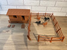 Ranch-Haus (Blockhouse) mit Zaun und Pferden, Wild West, gebraucht, Timpo Toys