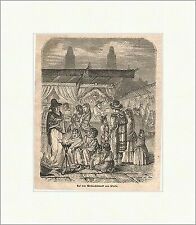 Auf dem Weihnachtsmarkt von Mexiko Holzstich Markt Hut Kind Feuer Poncho P 0421