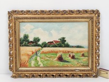 Antik Ölgemälde sign. Ad. Ramien Landschaft Heuernte mit Bauern Holzrahmen 1900