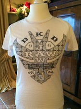 H&M T-SHIRT WEISS MIT MOTIV UND TOTENKOPF, GITARREN UND NIETEN AUF DEM ÄRMEL