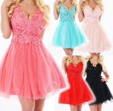 Damen Petticoat Kleid Häkel Blüten Pailletten Fest Ball Brautjungfer Jugendweihe