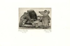 Autoverkäufer. Original Radierung, handsigniert, limitierte Auflage Nr. 15/30