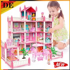 4 Etagen 11Zimmer Puppenhaus mit Möbeln und Zubehör inkl. kleine Puppe LED Licht