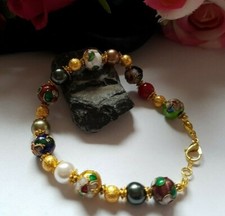 Traumhaftes Armband Cloisonné Perlen Echte Muschelkernperlen Retro 21,5 cm