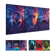 Wandbild Set 3 tlg Groß Wohnzimmer Leinwand Bilder Gamer Neon Controller Deko