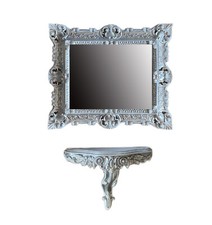 2´er Set Spiegelkonsole in Silber-Weiß Barock Wandspiegel + Wandkonsole 44x38