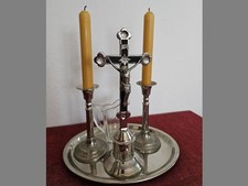 Altes Standkreuz Kruzifix Kreuz + 2 Kerzenhalter + Tablett