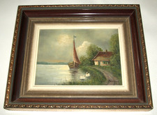 Altes kleines signiertes Ölgemälde mit Boot und Schwänen - 29 x 35 cm / 24x18 cm