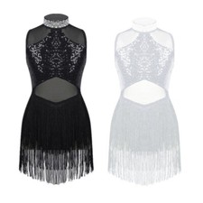 DE iEFiEL Mädchen Pailletten Latein Tanzkleid mit Quasten Chacha Samba Kleid