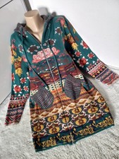 Qiero Strickjacke 42 Strickmantel bunt Jacquard Muster petrol rost Boho Hippie