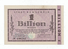 Notgeldschein 1 Billion Mark ( ungültig ) Stadt Remscheid 1923. Zustand I-