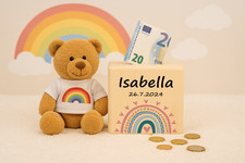 Spardose Holz personalisiert mit Name – Kinderspardose Geschenk Taufe Geburt