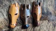 3 x Holzmaske Maske Giraffe Zebra Gepard Tiermasken ca 40 cm Wanddeko