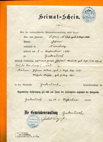 Heimatschein von 1902