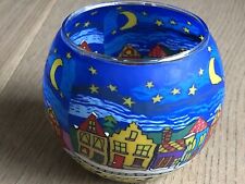 Leuchtglas/Windlicht groß D 11cm Hahn Kerzenfarm Häuserzeile bei Nacht