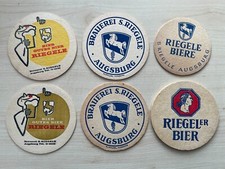 6 alte Bierdeckel Riegele Augsburg, 2x Impr. M.HÖLLERL, AUGSBURG, 1x Ø 93mm