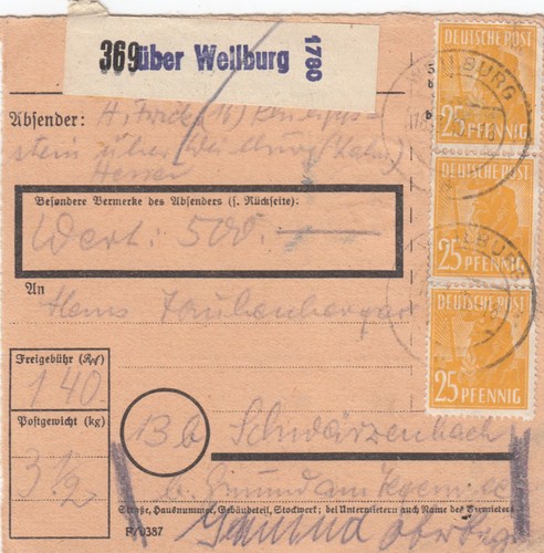 Paketkarte 1948 weilburg nach - 1948:,
