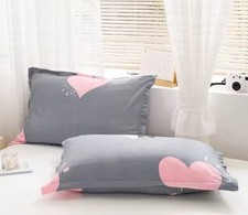 LOVE HEART 2 STÜCK KISSENBEZÜGE ca. 48*74 HOTELVERSCHLUSS SHABBY GRAU ROSÉ BIESE