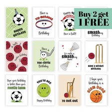 Sport Geburtstagskarten - Grußkarten - Badminton, Rugby, Fußball, Tennis