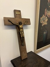 Hochwertiges Holzkreuz Messing Jesus Wandkreuz Kruzifix Jesusfigur, 49cm Hoch