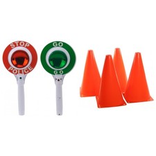 Kinder Polizei Kontrollstelle Set Stop Kelle mit LED und 4 Warnkegel Pylonen