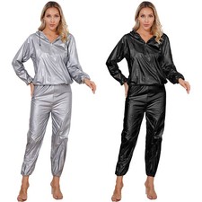Damen Wetlook Schwitzanzug Sweatshirt Schwitzhose Glänzend Saunaanzug Sport Set