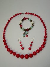 3er Schmuck Set Halskette Armband Ohrringe rot Perlen Modeschmuck Perlenkette