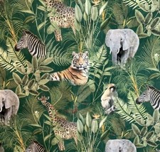 Safari Tierdruck Tiger Elefant Zebra Giraffe Affe Baumwolle Stoff Meterware