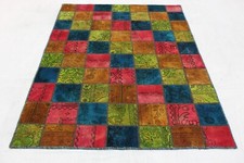 Patchwork Orient Teppich Vintage rot blau 200x140 Used Look handgeknüpft 1977