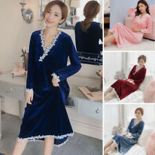 Damen Velour Nachtwäsche Bademantel Spitzenrand Midi Nachthemd Prinzessin